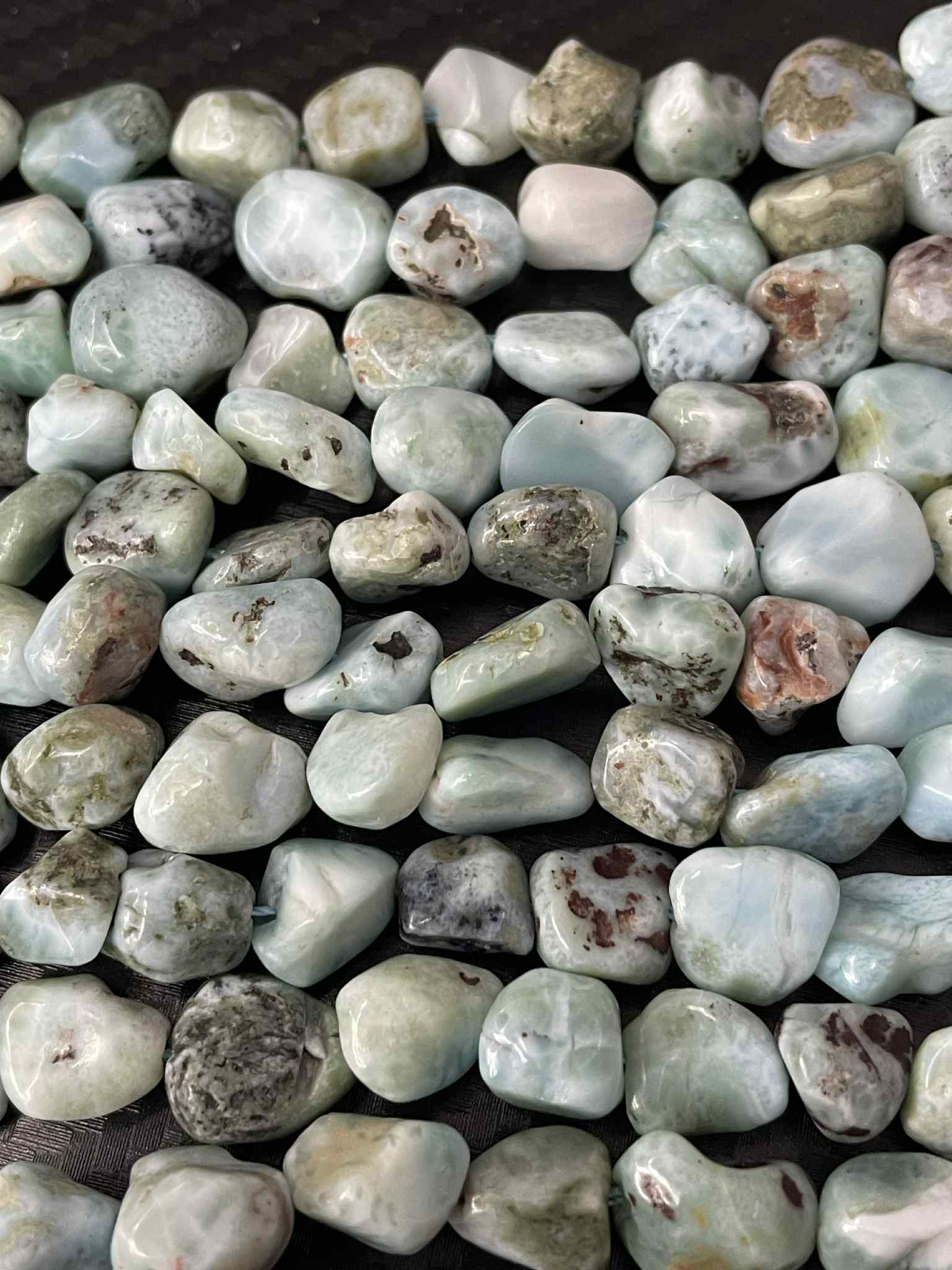 Larimar Trommelsteinstrang Testschliff ca 8 x 11mm