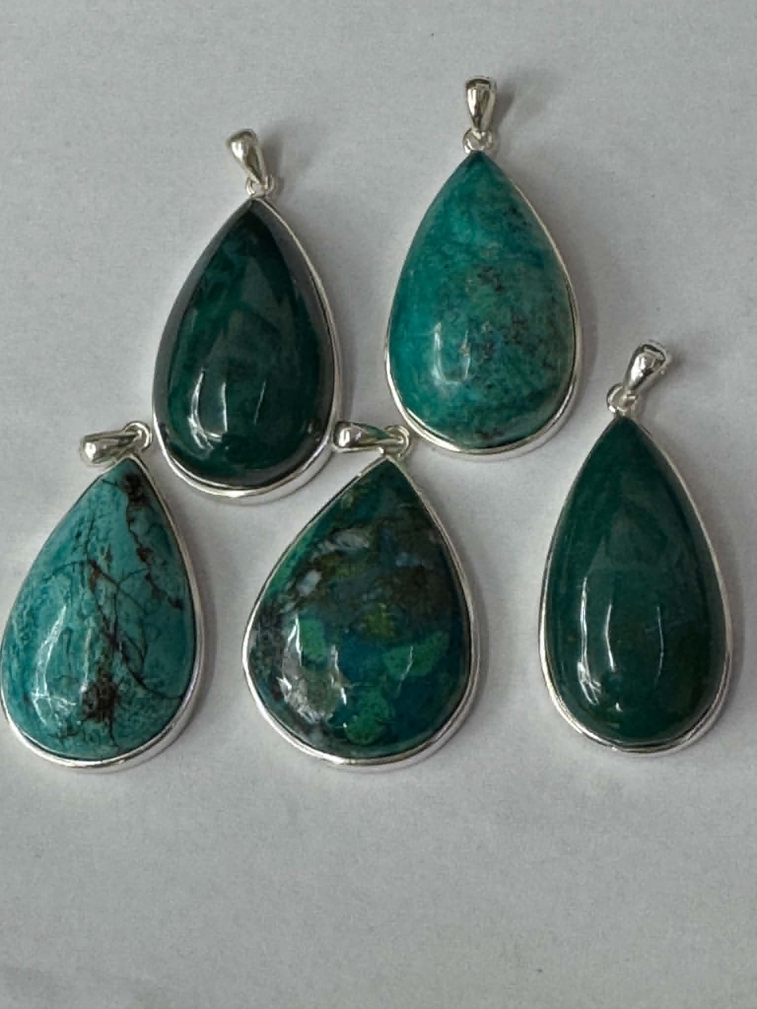 Pendentif en chrysocolle, argent 925, forme goutte, grand format