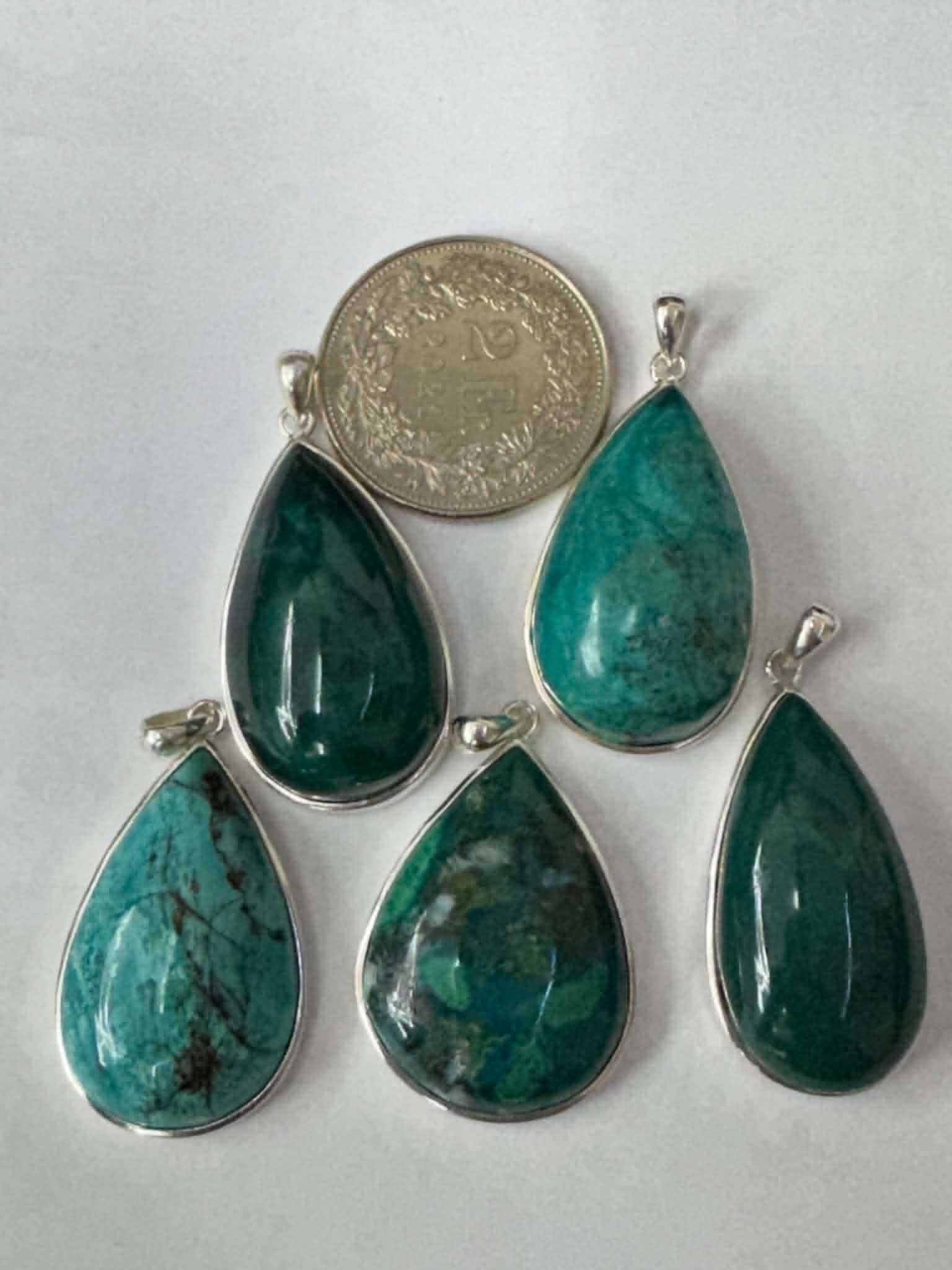 Pendentif en chrysocolle, argent 925, forme goutte, grand format